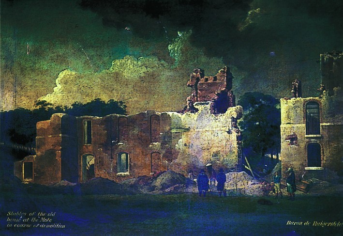 A painting of the demolition of the old stable block